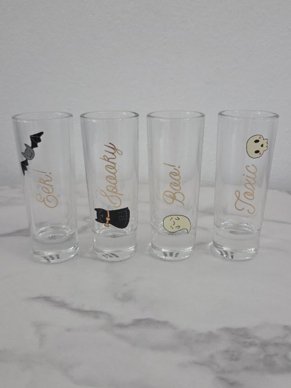 Halloween Spooky Shot Glasses Set of 4 Black Cat Ghost Skull Barware - Picture 2 of 16